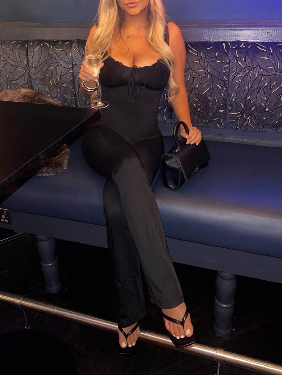 Women's Summer Street Style Long Jumpsuit, Spaghetti Strap Lace Patchwork Backless Clubwear Sports Set Black - Black - View 1