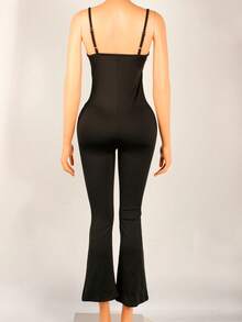 Women's Summer Street Style Long Jumpsuit, Spaghetti Strap Lace Patchwork Backless Clubwear Sports Set Black - Black - View 4