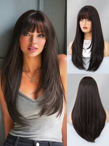 7JHH WIGS Dark Brown Black Long Wigs For Women 24 Inch Straight Wig With Bangs Very Natural Looking Fashion Layered Wig Soft Synthetic Heat Resistant Hair Wig For Daily Party - 黑棕色 - 查看 2
