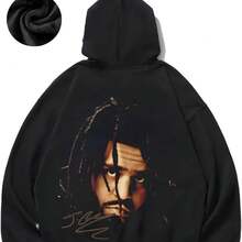 J. Cole Inspired Men's Fleece Hoodie - Cozy & Casual Pullover With Big Face Graphic, Soft  Blend, Elastic  For AutumnWinter - - 黑色 - 查看 7