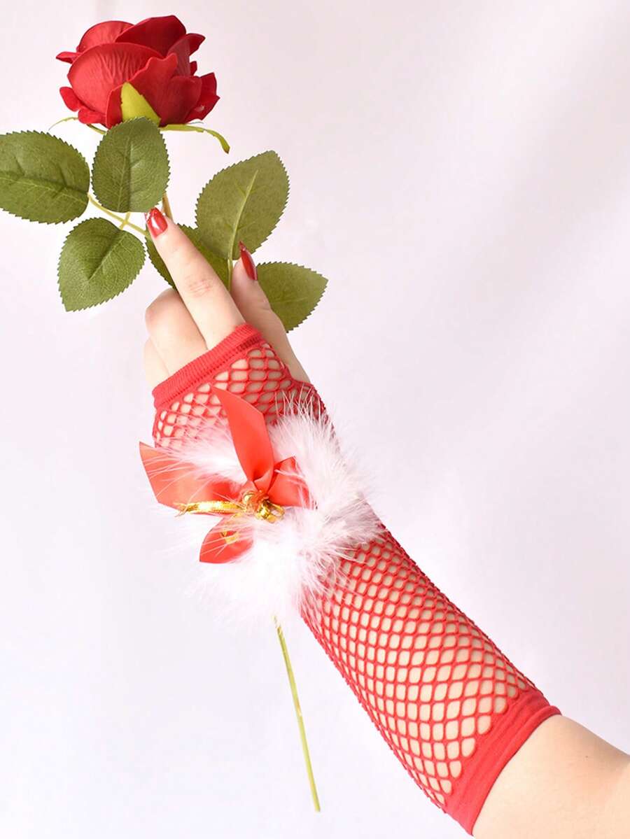 1 Pair Women's Christmas Red Fishnet Gloves With Bow, Bell Decor, Elastic Mesh Arm Warmers, Long Gloves For Party, Ball, Cosplay Hand Accessory,Valentine's Day Costume - Red - View 1