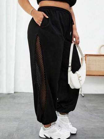 Pantalones de chándal holgados con cintura con cordón, diseño de malla y parches, piernas anchas y hueco, con puños en los tobillos, diseño estilizante, adecuados para yoga, gimnasio y moda casual, tallas grandes