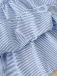 Girls Striped Dress, Big Girls Puff Sleeve Turndown Collar Mid-Length Dress, Navy Blue Bow Tie, Holiday Outfit, Summer Clothing, Travel Wear - Blue - View 8