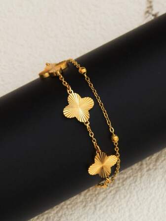 1 pieza Elegante pulsera de trébol de cuatro hojas de doble capa - Acero inoxidable, antidesteñible, adecuada para uso casual y como regalo