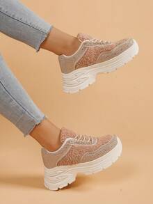 女士厚底系带运动鞋，秋冬季保暖舒适休闲运动鞋 - 卡其色 - 查看 3