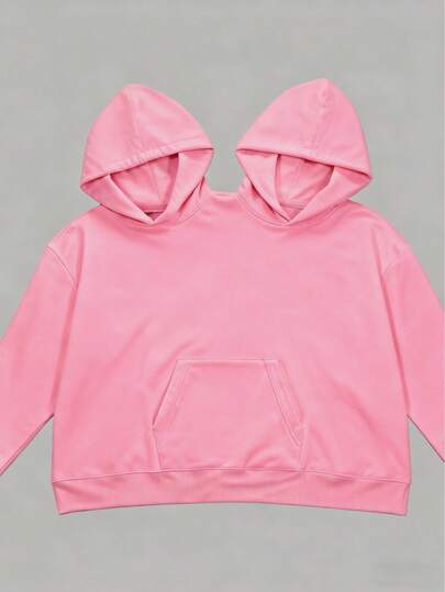 Bestie/Couple Essential, Women's Unique Long Sleeve Hooded Sweatshirt, Double Hood Design, Oversized Fit, Long Length, One Size Fits All, Suitable For Autumn/Winter, Casual/Minimalist/Y2K/Office/Cute Style For Daily, Vacation, School, Home, Street Wear