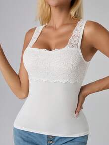 2pcs Women Solid Color Lace Trim Decor Square Neck Sleeveless Camisole Patchwork Tank Top - Multicolor - View 6