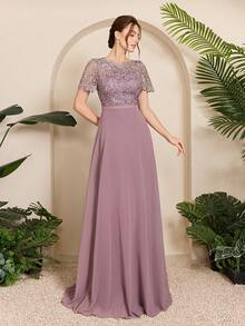 Mgiacy-Pop,New Arrival, Round Neck, Pinkish ,Pink Bridesmaid Dress, Contrast Lace, Chiffon, Long Dress - Purple - View 1