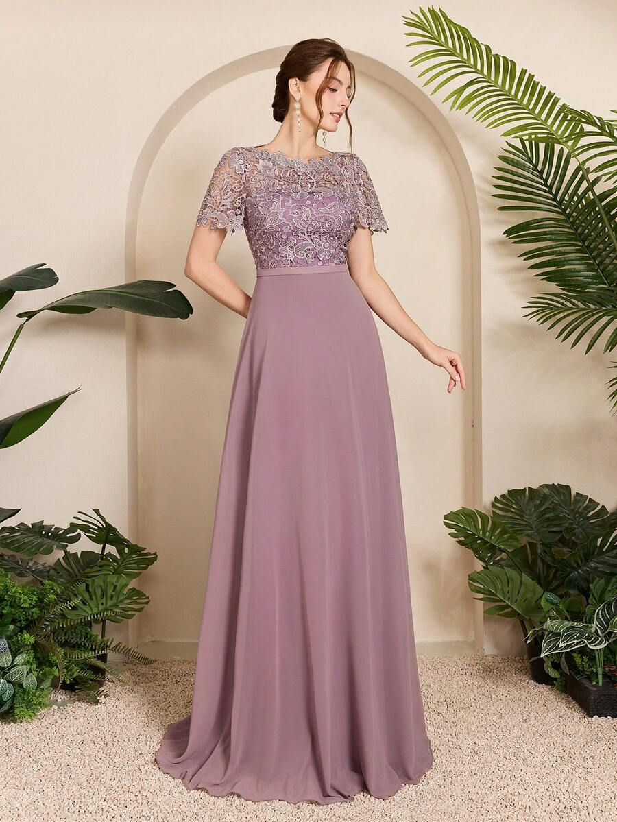 Mgiacy-Pop,New Arrival, Round Neck, Pinkish ,Pink Bridesmaid Dress, Contrast Lace, Chiffon, Long Dress - Purple - View 1