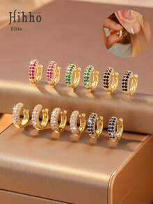 Hihho 1 Pair Classic Retro Minimalist Double Row Colorful Cubic Zirconia Micro-Inlaid Round Hoop Earrings For Women, Delicate & Fashionable, Versatile For Daily Wear - Yellow Gold - View 1