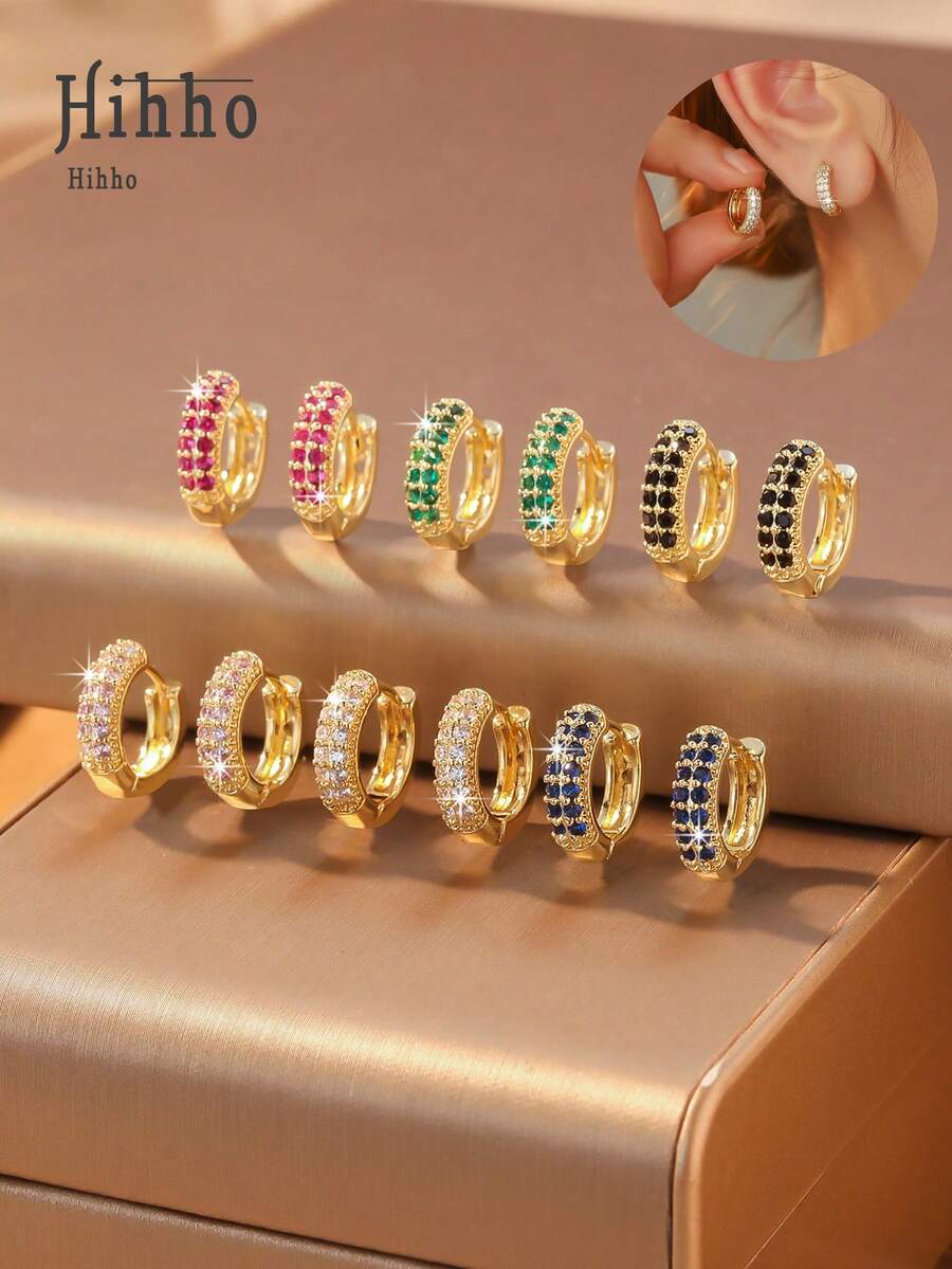 Hihho 1 Pair Classic Retro Minimalist Double Row Colorful Cubic Zirconia Micro-Inlaid Round Hoop Earrings For Women, Delicate & Fashionable, Versatile For Daily Wear - Yellow Gold - View 1