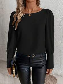 大码女式纯色优雅圆领纽扣长袖衬衫 - 黑色 - 查看 4