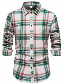 男士休闲格子长袖衬衫，秋季款 - 綠色 - 查看 1