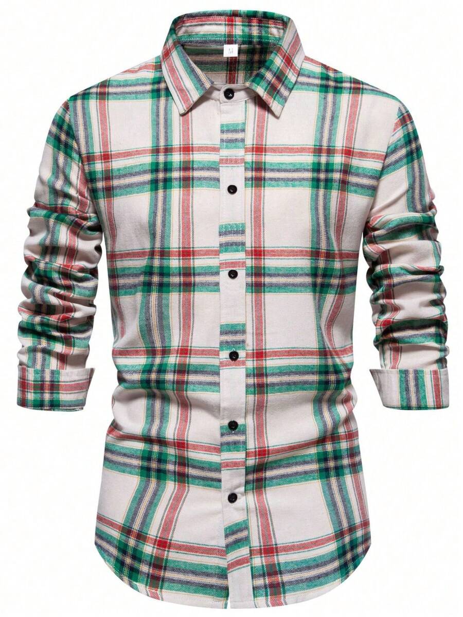 男士休闲格子长袖衬衫，秋季款 - 綠色 - 查看 1