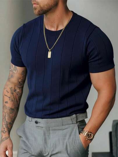  FRACTYR 男士休闲纯色针织衫 | 日常时尚百搭圆领短袖T恤