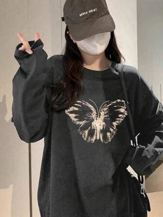 Butterfly Print Casual Long Sleeve T-Shirt For Women, Loose Fit Pure Cotton Versatile, Dark Grey