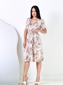 Women's Printed Dress, Flared, Casual, Elegant, Romantic Fabric - Soft Beige - View 4