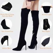 Over Knee Boots Women With Heel Suede Thigh High Stretch Pointed Toe Stiletto Long Boots, Fashionable - 皮革紅 - 查看 9