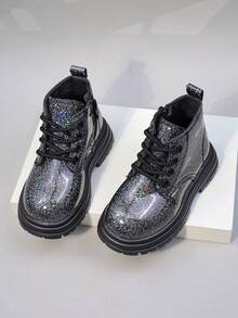 系带靴，女婴冬季可爱鞋，幼儿和小孩鞋 - 黑色 - 查看 5