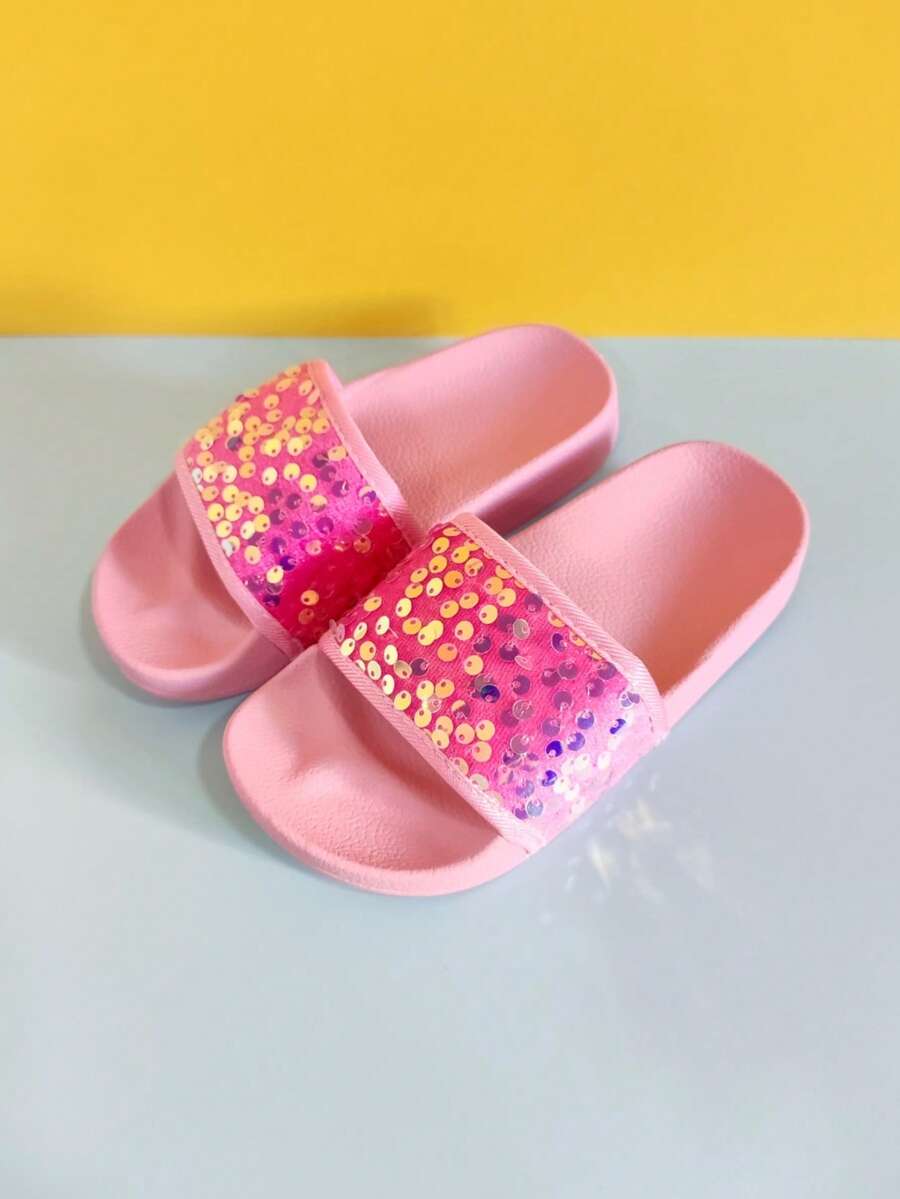 Girls' Glitter Fashion Casual Slippers, Soft & Comfortable Shiny Flat Slides, Suitable For Indoor & Outdoor Wear, All Seasons - Pink - View 1