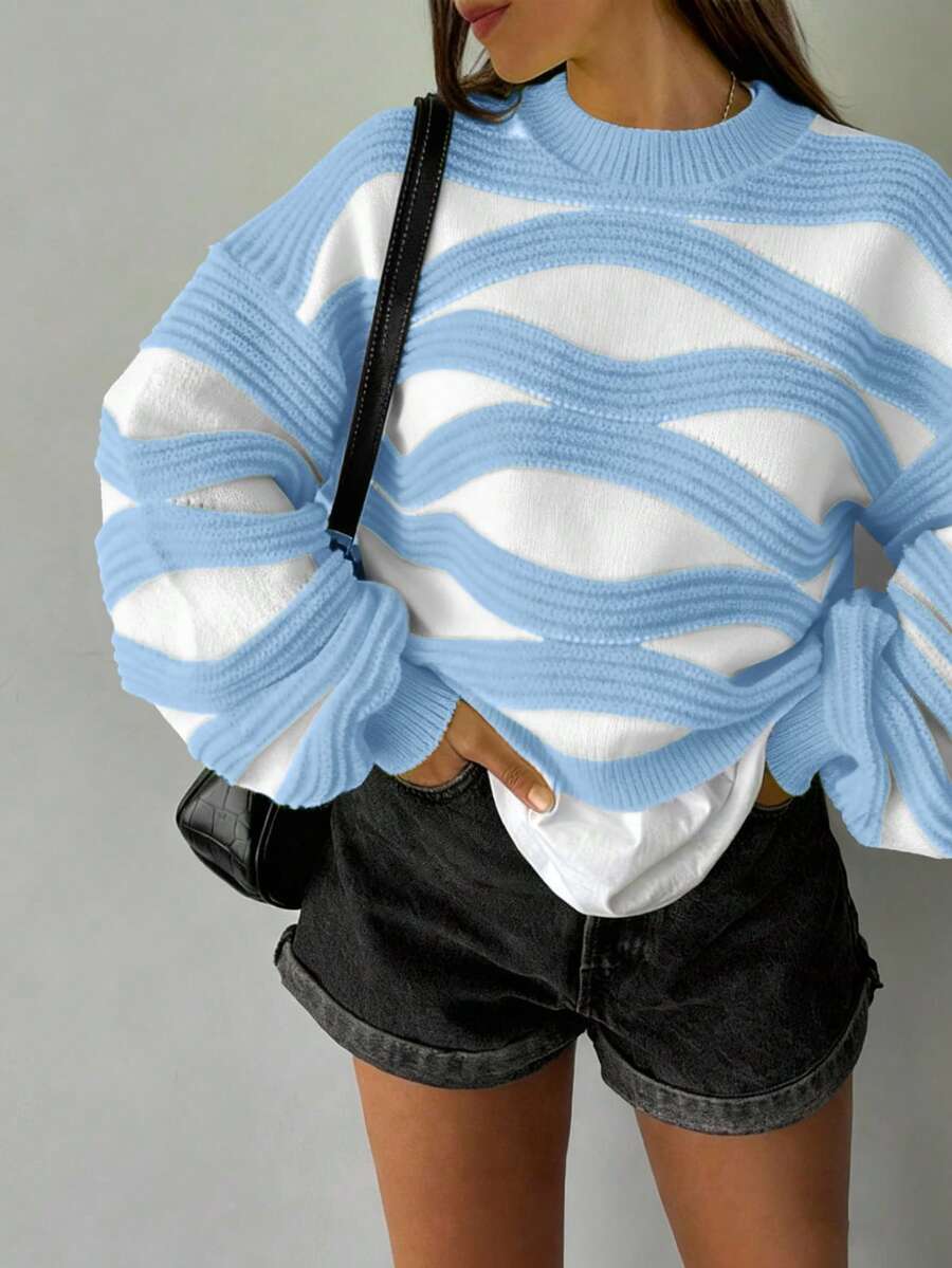 FOR BEAUTY Áo len nữ Y2K sọc cổ tròn tay lồng dài dáng rộng thanh lịch casual mặc đi chơi màu trơn thu đông - Màu xanh nhạt - Xem 1