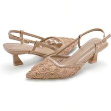 Close Toe Pump Shoes For Women Pointed Toe Slingback Flowers Floral Kitten Heels Sandals Dressy Heeled Sandals Wedding Bridal Dressy ShoesChristmas - 卡其色網眼 - 查看 7