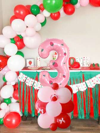 37 st jordgubbs- och nummerdekorationer till födelsedagsfest, inkluderar 32-tums rosa ballonger med siffrorna 0-9, jordgubbsklistermärken, rosa satinrosetter, rosa och röda latexballonger, lämpliga för jordgubbs- och söta 1-årsfestdekorationer, födelsedagsfest, bärtemafest, babyshower, jordgubbsfesttillbehör, frukttemafestdekorationer