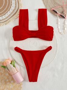 PEPPERMOLLY New Solid Color Soft Strap Pleated Sexy Bikini Set, Ladies Fashion Beachwear Swimwear For Summer Vacation Red - Red - View 2
