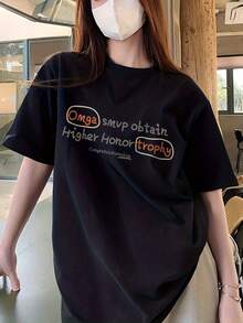 artículo camiseta estampada con, manga corta, cuello, top casual para verano y, ropa de mujer. - Negro - Ver 1