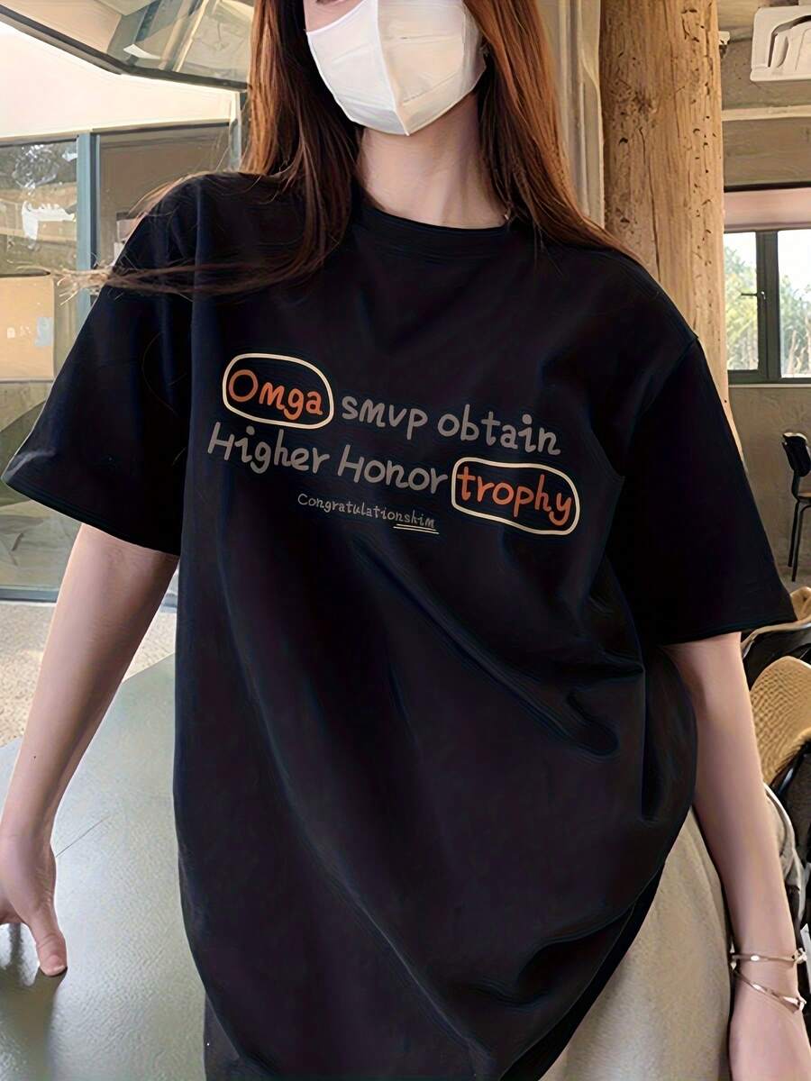 artículo camiseta estampada con, manga corta, cuello, top casual para verano y, ropa de mujer. - Negro - Ver 1