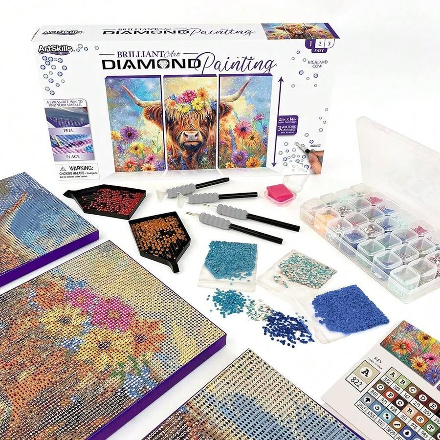 [Free Shipping]ArtSkills Diamond Painting Kit, Diamond Art Ready To Hang Framed Canvas With Storage And Accessory Kit, Highland Cow, 3 Stretched Canvas Panels, 14" X 7" Each,HighlandCow - 高地牛 - 查看 1