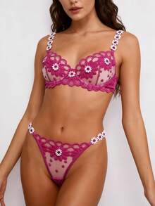 1 conjunto de sujetador de mujer en color rosa suave con un diseño llamativo, adornado con bordados florales, y su construcción semi-con aros proporciona un excelente soporte. - Rosa - Ver 4