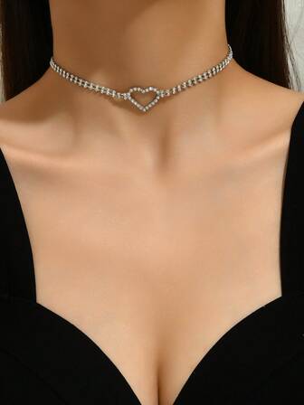 1pc Fully Rhinestone Heart Pendant Necklace, For Party And Valentine's Day