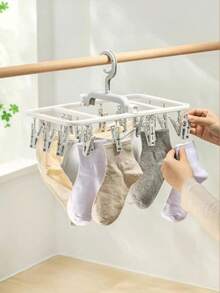 12/20 Clips Foldable Clothes Drying Rack, Multi-Functional Clothesline For Socks, Underwear, Towels, White/Grey - White - View 2