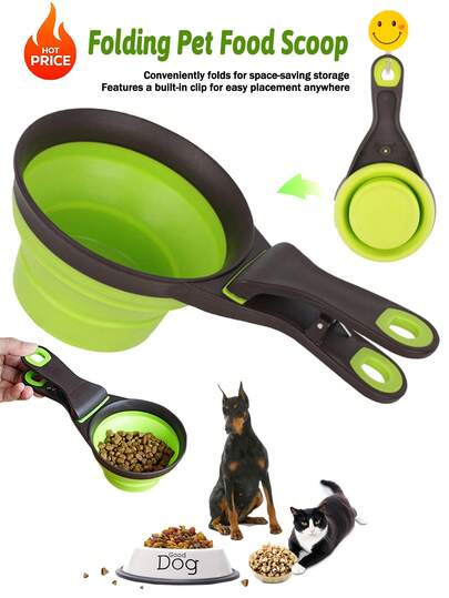 Comedero plegable para mascotas, cucharón de comida para perros multifunción con medidas y clip para bolsa, recipiente/tazón plegable de silicona para gatos y perros, portátil y plegable para uso al aire libre, tazón de almacenamiento de aperitivos, 3 en 1 taza medidora multifunción de silicona