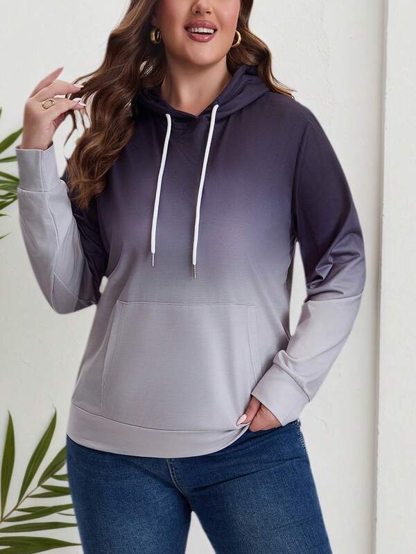 Moletom feminino plus size com estampa de patchwork, cor contrastante, cordão, bolso com capuz, manga comprida, primavera/outono