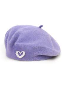 1顶女士休闲仿珍珠镂空心形羊毛贝雷帽，时尚百搭，适合日常佩戴，春/秋/冬季