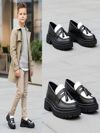 1 Pair Children's Tassel Slip-On Loafers, Elegant Girls' Princess Leather Shoes With Rubber Soft Soles, Increased Height, Black & White Contrast Color, Suitable For Boys & Girls Aged 3-15, Casual, School, Performance, Party, Spring/Summer 2025 New Unisex Shoes
