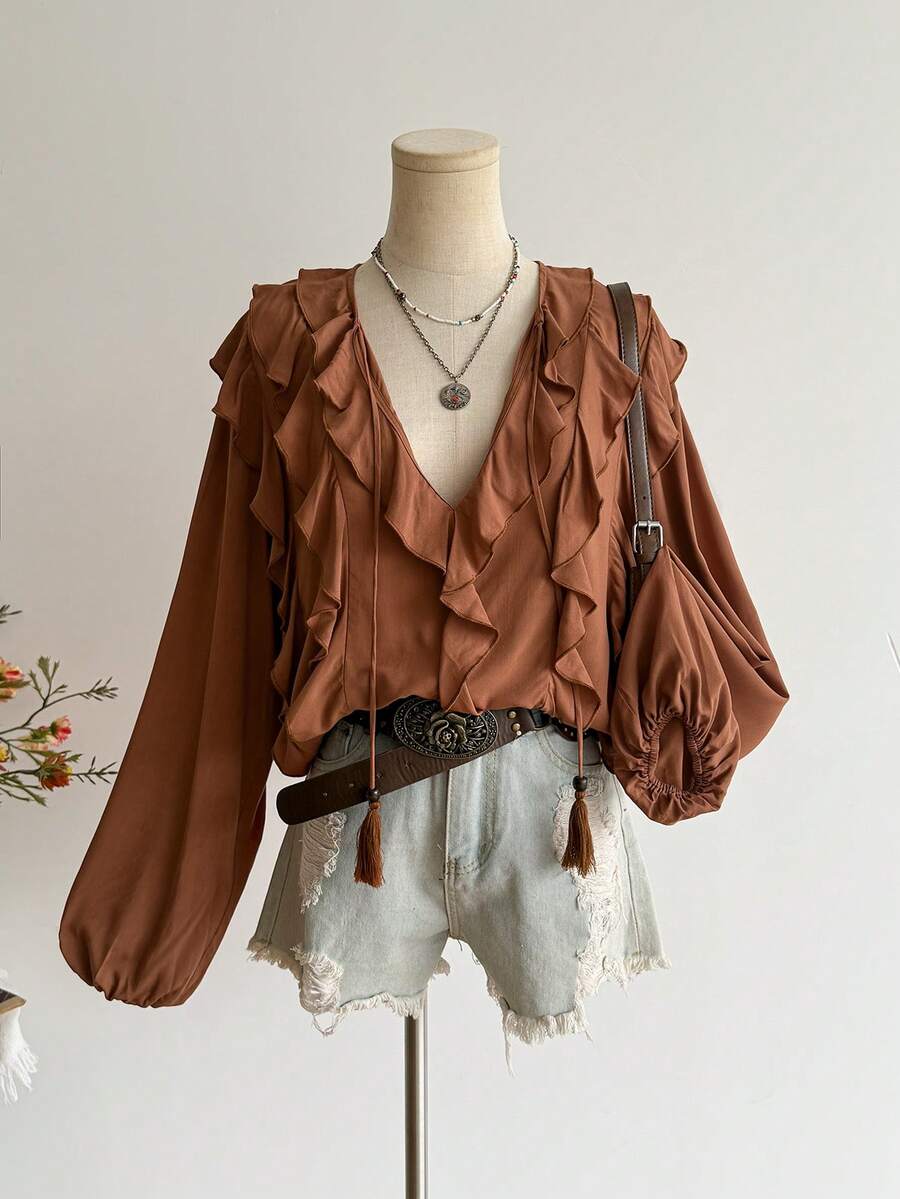 Rusttydustty 波西米亚风休闲V领褶裥长袖女式常规下摆上衣，复古优雅，适合旅行、乡村音乐会等场合。 - 棕色 - 查看 1