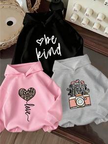 3pcs Tween Girl Graphic Print Sweatshirt Set, Warm & Comfortable Thermal Lined Sweatshirt Pullover For Autumn/Winter - Grey - View 1
