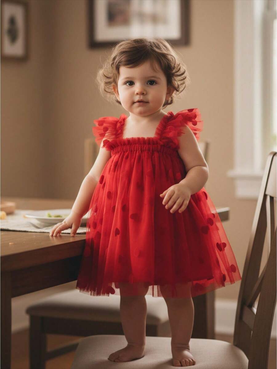 Kid Girl Tulle Dress Heart/Bow Print Flying Sleeve Suspender A-Line Dress For Spring Summer - 紅色 - 查看 1