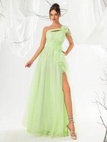 VIPGIRL Women's Green 3D Floral Mesh High Slit Evening Gown Dress - Green - View 4