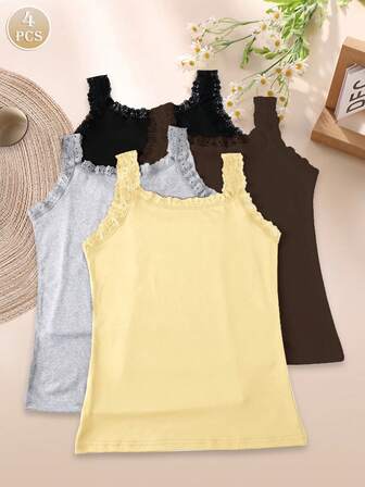 4 piezas Camiseta de tirantes de mujer con parche, cuello redondo, sin mangas, decoración de encaje, unicolor, ligera