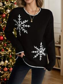 Elegante y de moda suéter navideño con ribetes de bloques de color y copos de nieve para mujer, adecuado para uso diario en otoño/invierno