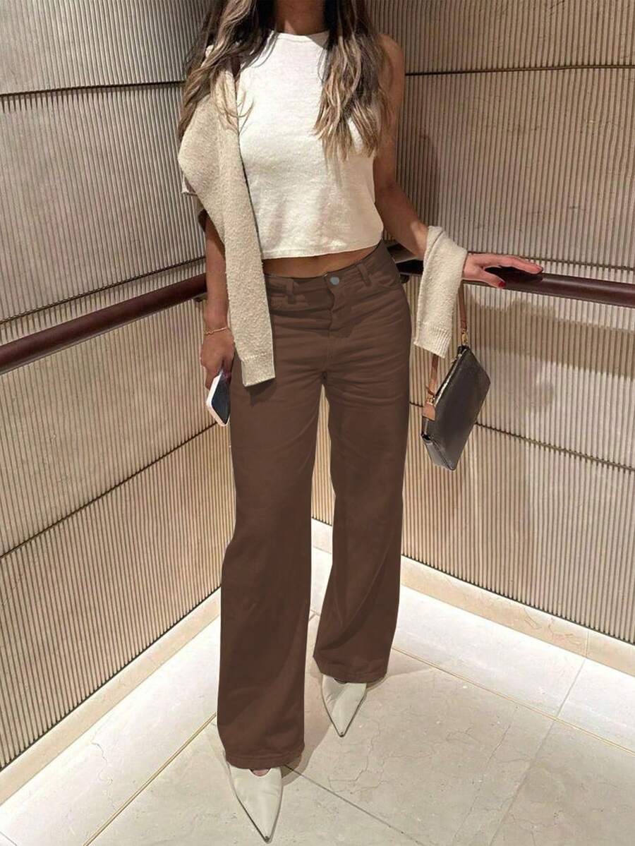 Women's Straight Leg Jeans, Classic Button Fly, Slant Pockets Design, Casual & Comfortable, Versatile For Daily Wear - Coffee Brown - View 1