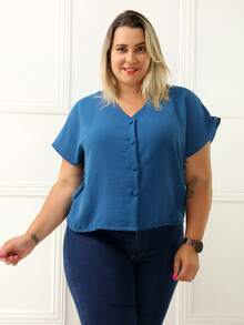 Plus Size Blouse, Sizes 46 To 50, Covered Button - Blågrön - Visa 3