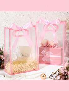 Transparent Gift Bags With Ribbons, Plastic Gift Bags With Ribbon Bows, Reusable PP Gift Bags With Cut-Out Handles, Reusable PP Flower Bags With Ribbons, Suitable For Weddings, Brides, Birthday Parties, Business Occasions - Multicolor - View 2