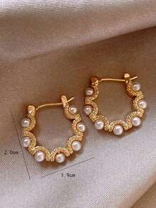 1pair Exquisite Circle Pearl Hoop Earrings, Korean Style Fashion Statement Ear Clips With Unique Design - Nhiều màu - Xem 3