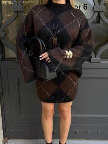 MUMRAP Women's Autumn And Winter Casual Print Loose Knit Skirt Suit - Brown - View 2