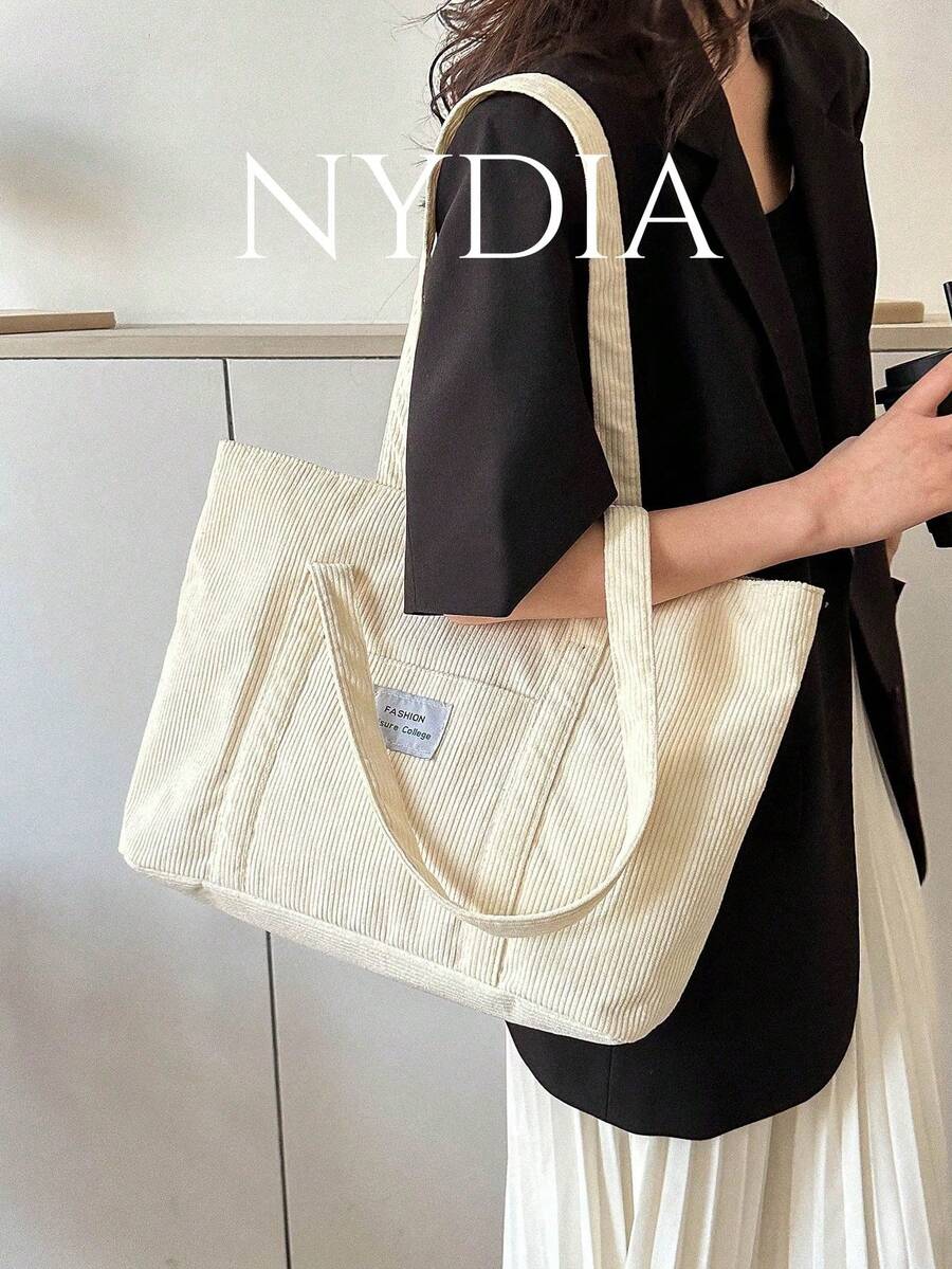 Corduroy Large Capacity Solid Color Minimalist Tote Bag School Tote Bag, School Bookbag, Portable, Foldable, Business Casual, Suitable For Teen Girls Women College Students, Teacher, Rookies & White-Collar Workers College, Vacation, Beach, Holiday, Shopping, Large School Tote Bag, Multiple Compartments, Perfect For Beach, School, Work & Daily Use, Literary School Bag For Teens, Book Bag For Women Or Students, Perfect For Books, Shopping, Back To School And More, School Supplies, School Bag, School Handbag, Back To School Bags, Lightweight, Classic Casual, Perfect For Back To School, First Day Of School, Middle School, High School, Perfectly Matching With Fall Outfits Women - Beige - View 1